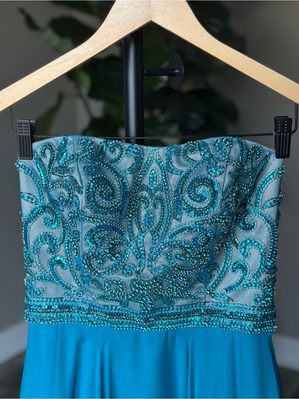 Sherri Hill Prom Dress Strapless Butterfly Beaded Sequin Blue Turquoise Pageant